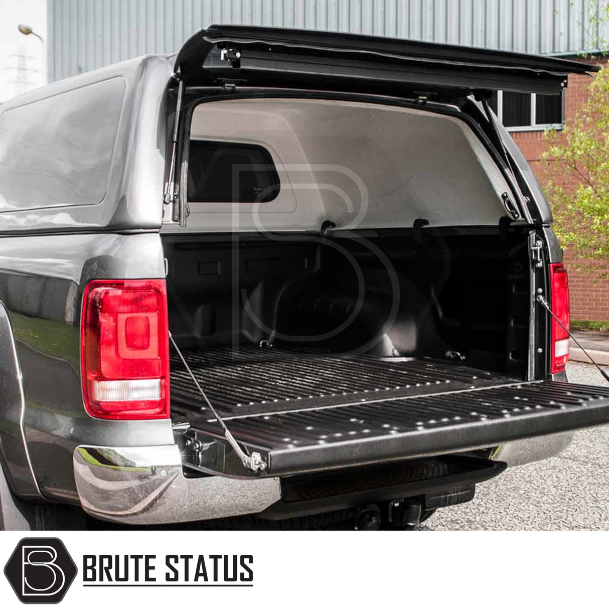 Volkswagen Amarok 2010-2022 Truckman RS Hardtop Canopy with solid rear window and remote locking, shown open on a truck, featuring Brute Status branding.