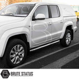 Side-view of a Volkswagen Amarok 2010-2022 fitted with a Truckman RS Hardtop Canopy, featuring glazed rear window and polished alloy wheels, highlighting enhanced security and durability.