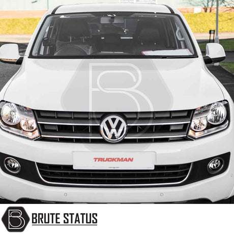 Volkswagen Amarok 2010-2022 Truckman RS Hardtop Canopy with glazed rear window, solid-sided for security, visible on a white pickup, featuring Brute Status watermark.
