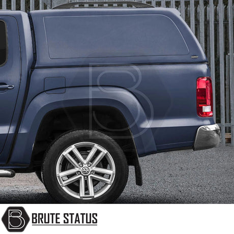 Volkswagen Amarok 2010-2022 Truckman RS Hardtop Canopy with glazed rear window, featuring solid sides and Brute Status branding for enhanced security and style.