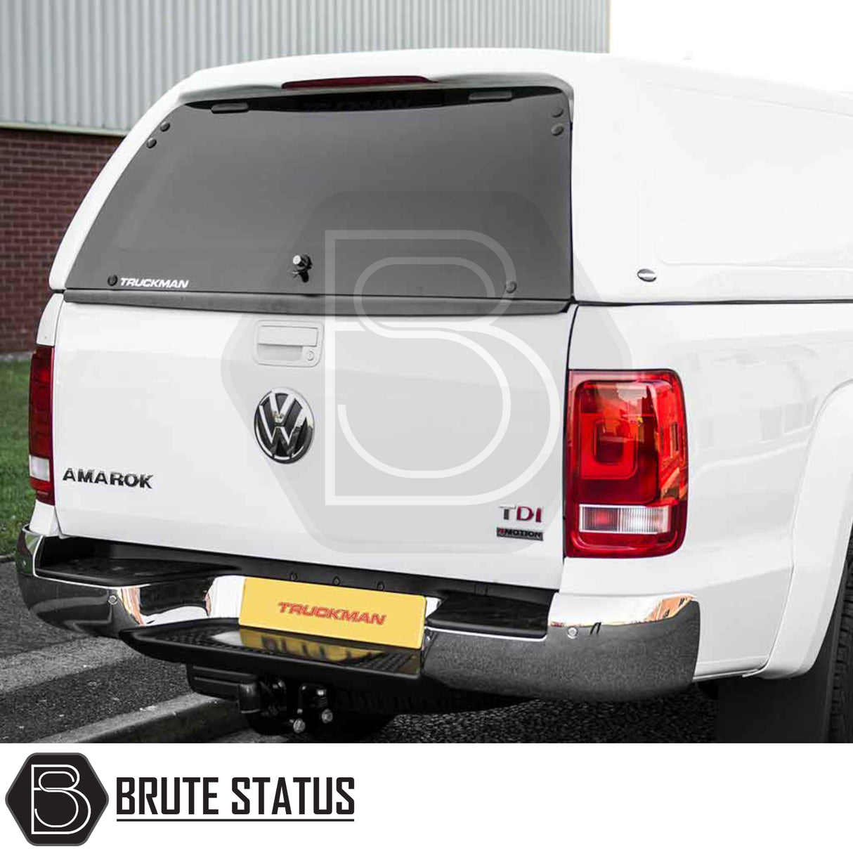 Volkswagen Amarok 2010-2022 Truckman RS Hardtop Canopy with glazed rear window, remote locking, and solid sides for enhanced security. Tailgate features Truckman badge and VW logos.