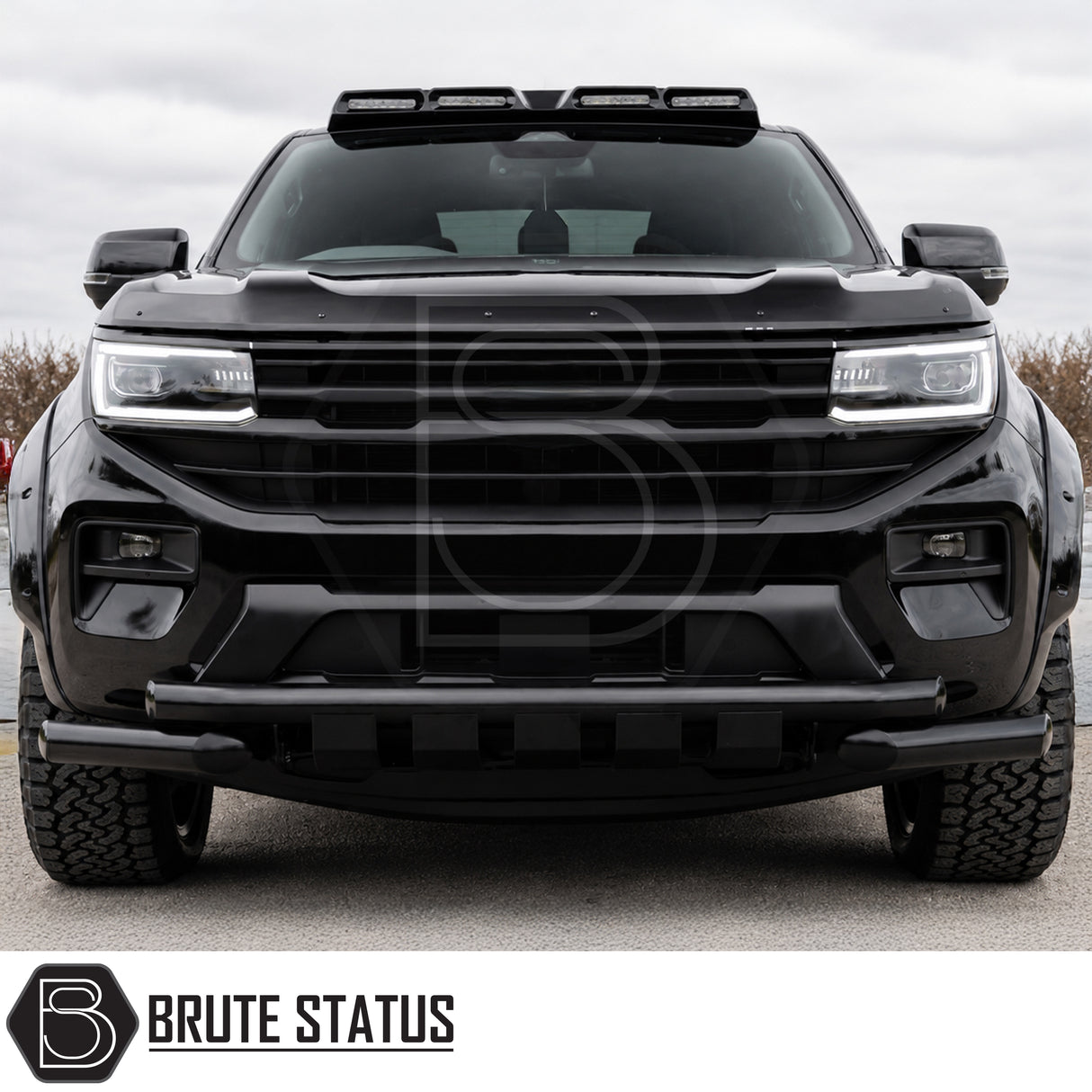 New Volkswagen Amarok 2023 pickup truck with installed matte black nudge bar enhancing bumper protection and rugged road presence