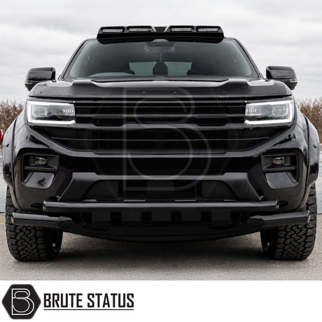 New Volkswagen Amarok 2023 pickup truck with installed matte black nudge bar enhancing bumper protection and rugged road presence