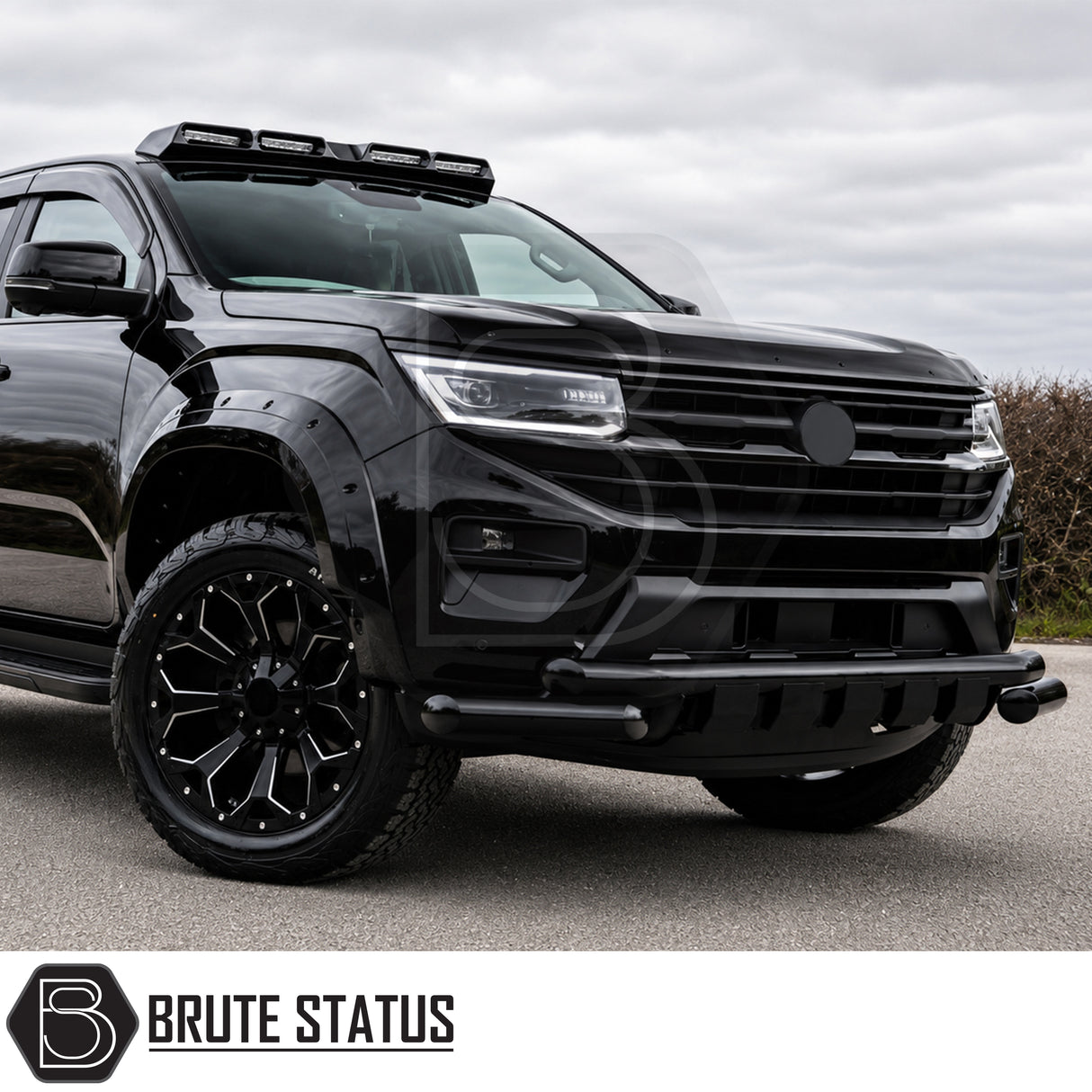 Front view of Volkswagen Amarok 2023+ featuring matte black bull bar upgrade with carbon steel construction and premium fitment