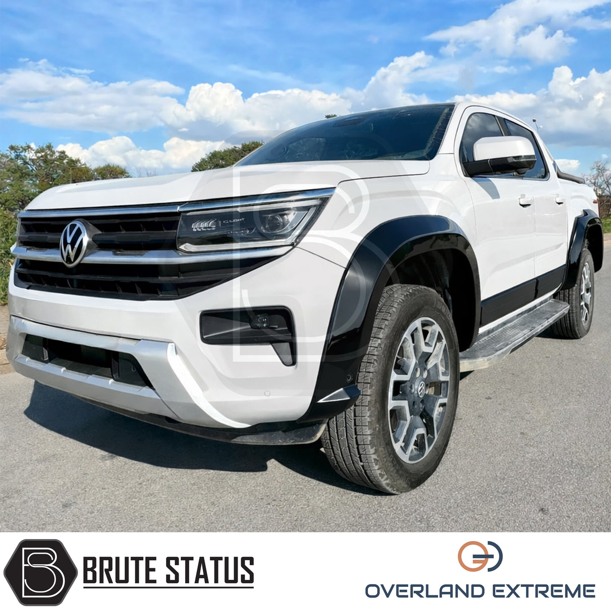 Volkswagen Amarok 2023+ Double Cab gloss black wheel arch extensions, premium overfender styling kit for off-road builds.