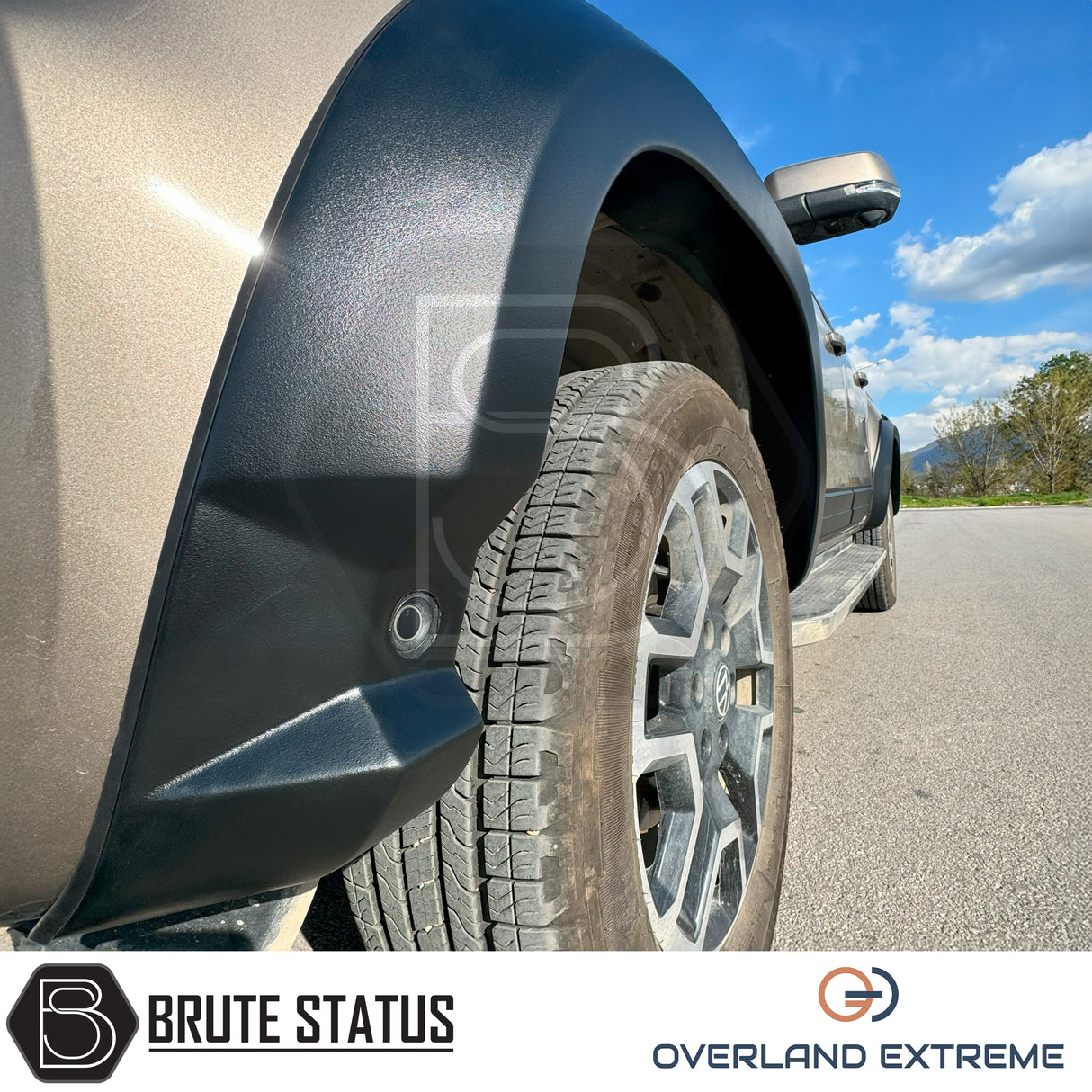 Volkswagen Amarok 2023+ Double Cab wide wheel arch flares, matte black Overland Extreme styling kit with vehicle-specific CAD design.