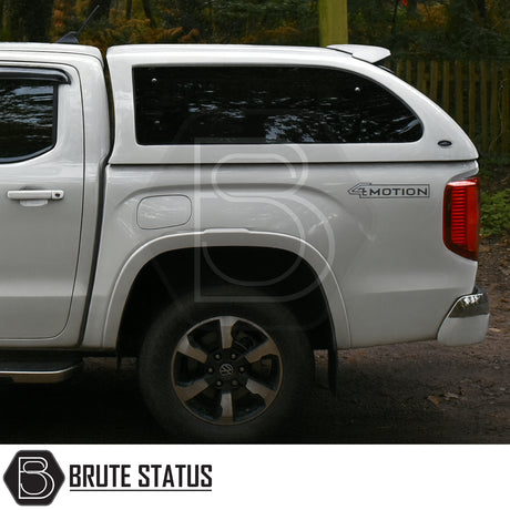 Volkswagen Amarok 2023+ Truckman Grand Hardtop Canopy, featuring tinted pop-out windows and 4MOTION badge, highlights Brute Status's premium canopy fitting.