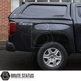 Volkswagen Amarok 2023+ Truckman L-Series Hardtop Canopy with remote locking, showcasing a sleek, secure design with Brute Status branding on the rear.