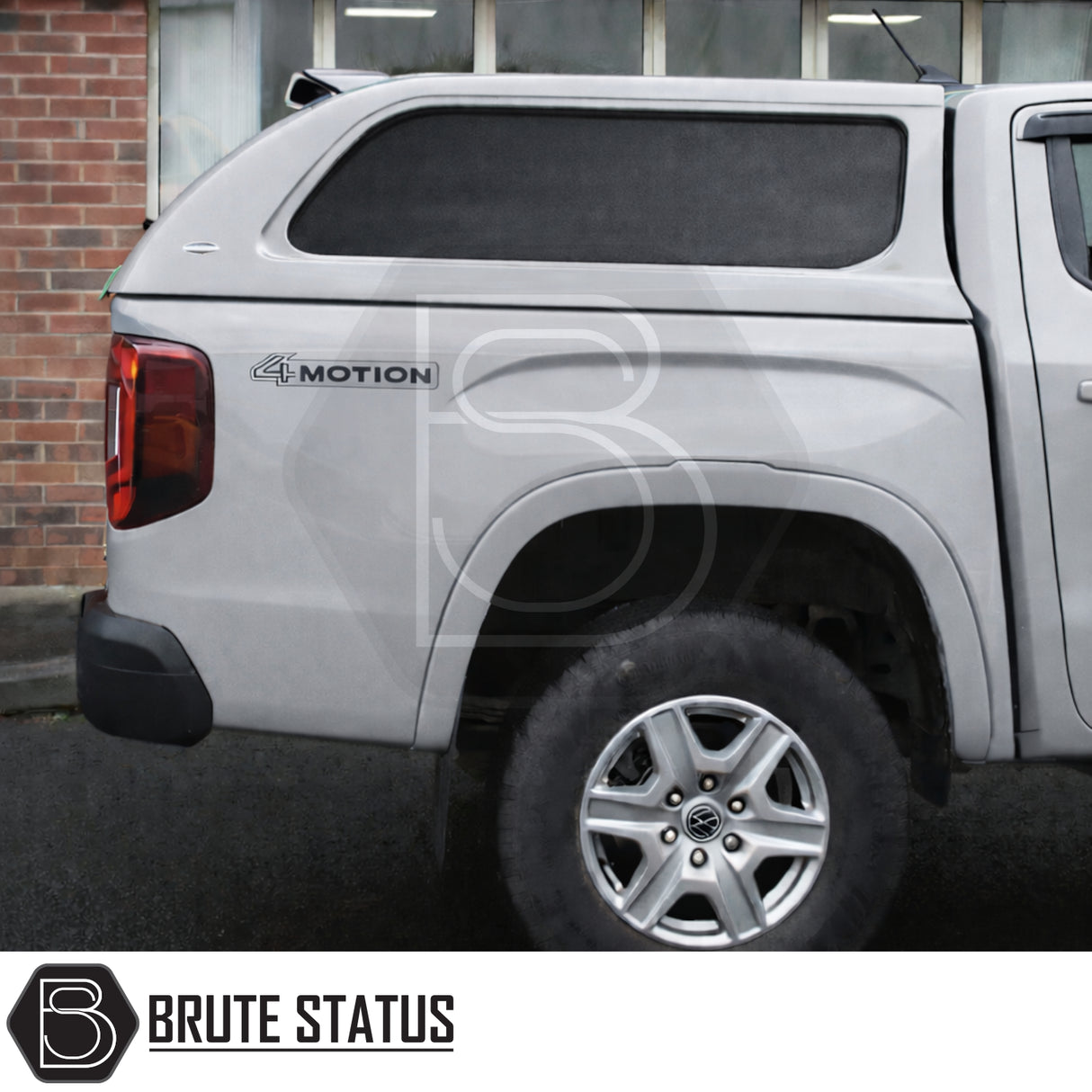 Volkswagen Amarok 2023+ with Truckman L-Series Hardtop Canopy, featuring remote locking and solid sides, parked showcasing aftermarket Brute Status canopy design.