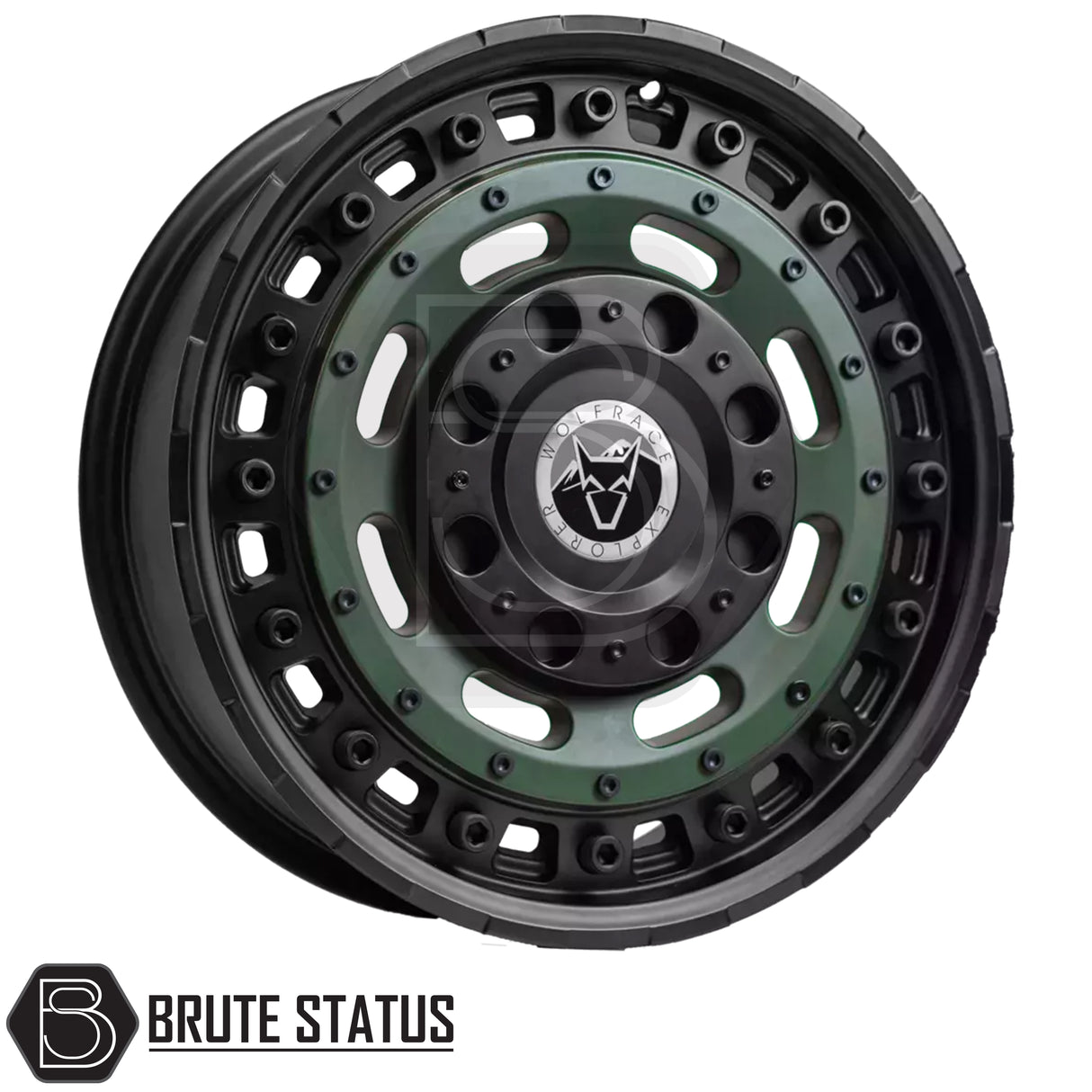 Wolfrace Slotmag Matte Black with Matte Green Face Wheels – Bold 17x8 alloy wheels for trucks and SUVs, PCD 5x120 or 6x114.3, offsets ET35–ET46, centre bore 65.1 or 66.1, 1250kg load rating, full set of four including fitting accessories.