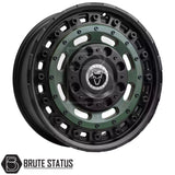 Wolfrace Slotmag Matte Black with Matte Green Face Wheels – Bold 17x8 alloy wheels for trucks and SUVs, PCD 5x120 or 6x114.3, offsets ET35–ET46, centre bore 65.1 or 66.1, 1250kg load rating, full set of four including fitting accessories.