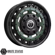Wolfrace Slotmag Matte Black with Matte Green Face Wheels – Bold 17x8 alloy wheels for trucks and SUVs, PCD 5x120 or 6x114.3, offsets ET35–ET46, centre bore 65.1 or 66.1, 1250kg load rating, full set of four including fitting accessories.