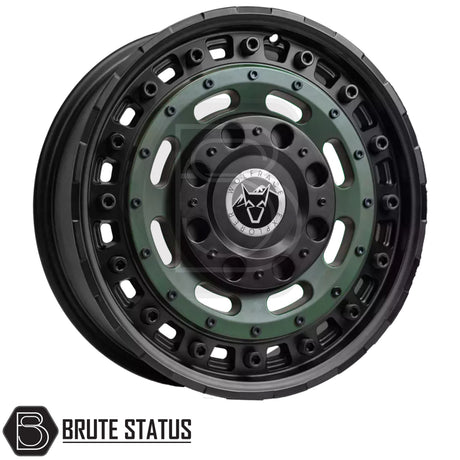 Wolfrace Slotmag Matte Black with Matte Green Face Wheels – Bold 17x8 alloy wheels for trucks and SUVs, PCD 5x120 or 6x114.3, offsets ET35–ET46, centre bore 65.1 or 66.1, 1250kg load rating, full set of four including fitting accessories.