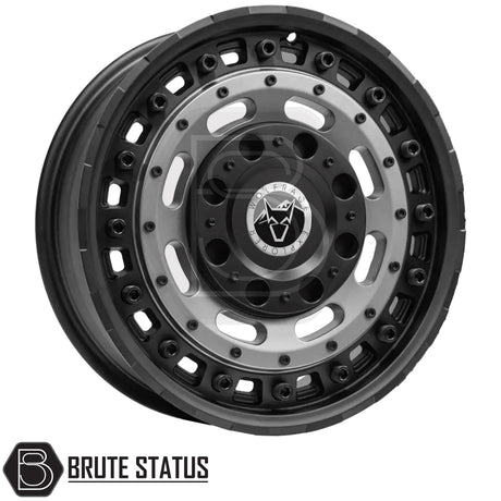 Wolfrace Slotmag Matte Black with Matte Gunmetal Grey Face Wheels – Stylish 17x8 alloy wheels for pickup trucks and SUVs, PCD 5x120 or 6x114.3, centre bore 65.1 or 66.1, offsets ET35–ET46, 1250kg load rating, sold as a full set of four.