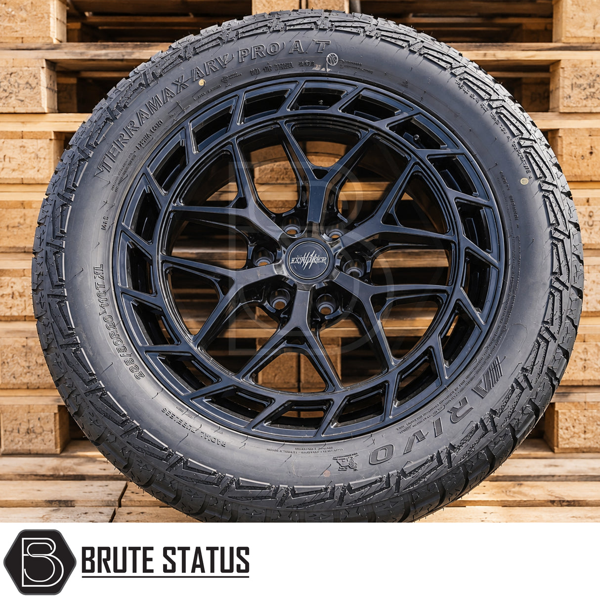 Wolfrace Explorer Titan X alloy wheels in gloss black 20x9 with all terrain tyres and 1250kg load rating