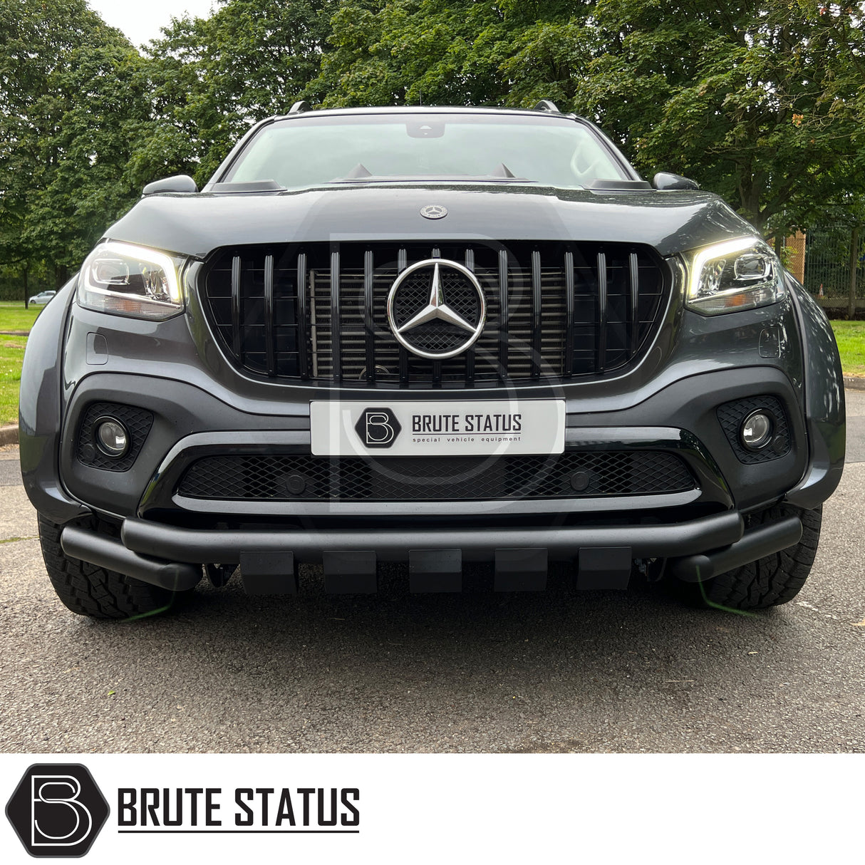Matte black T304 stainless steel city bar for Mercedes X-Class – enhances truck appearance and bumper protection, easy no-drill DIY installation, TÜV certified.